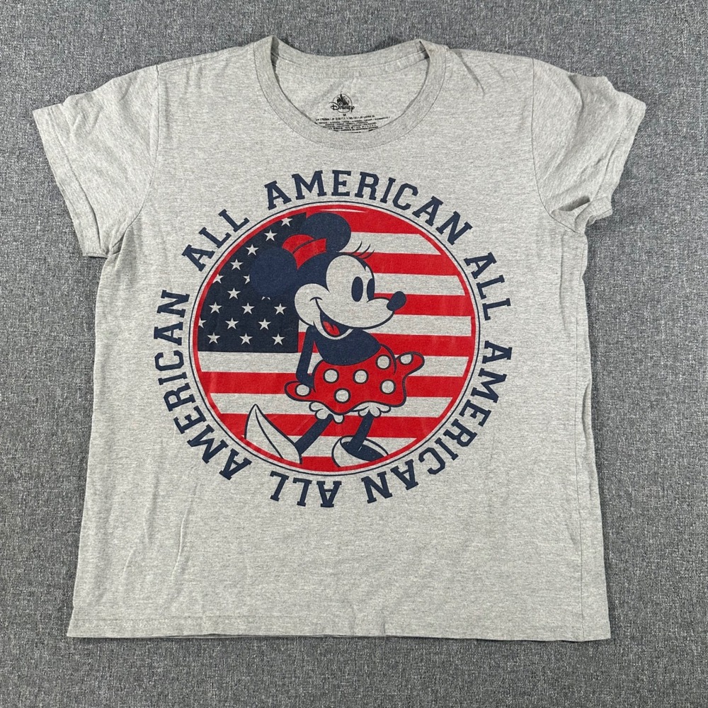 Disney Minnie Mouse All American T Shirt Womens Medium Gray Patriotic USA Flag